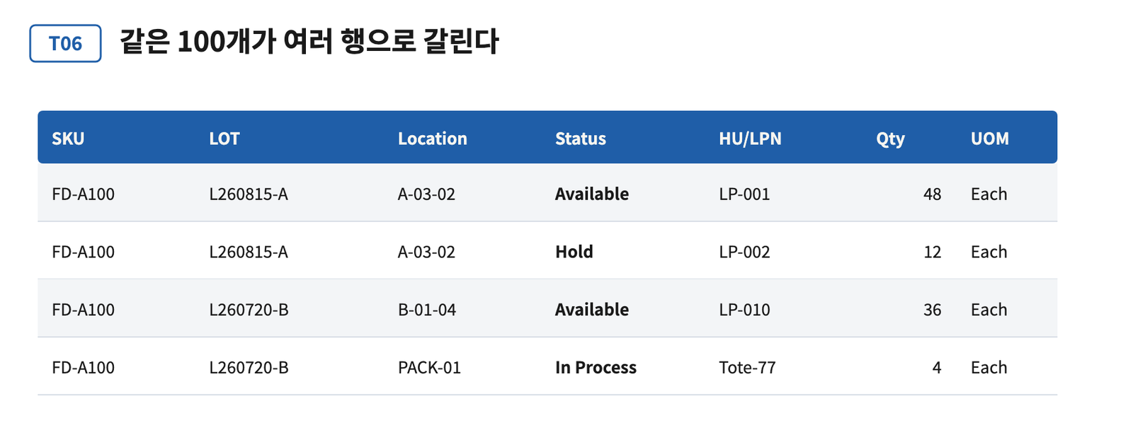 표 T06 — 같은 100개가 여러 행으로 갈린다