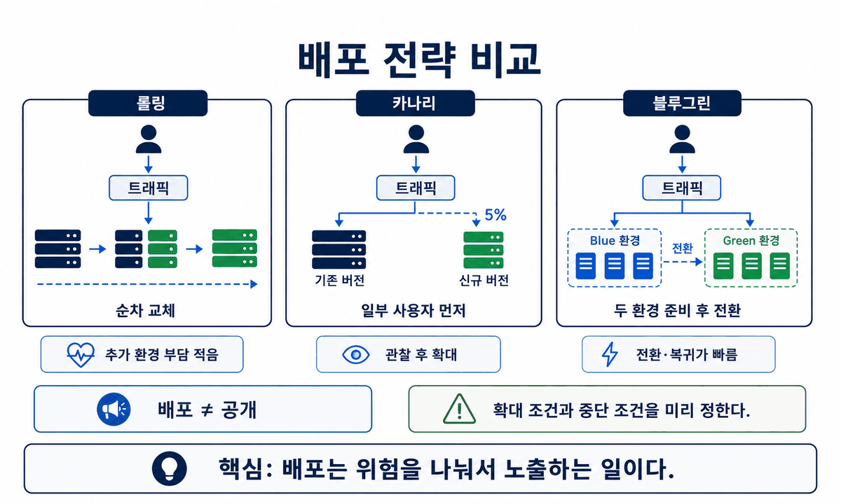 롤링, 카나리, 블루그린 배포를 세 패널로 비교한다. 롤링은 실행 대상을 나누어 순차 교체하며 추가 환경 부담이 적다. 카나리는 트래픽의 5퍼센트를 새 버전에 먼저 보내고 관찰한 뒤 확대한다. 블루그린은 기존 환경과 새 환경을 함께 준비하고 트래픽을 전환하며 전환과 복귀가 빠르다. 아래에는 배포와 공개가 같지 않다는 표시와 확대 조건·중단 조건을 미리 정하라는 경고가 있다.