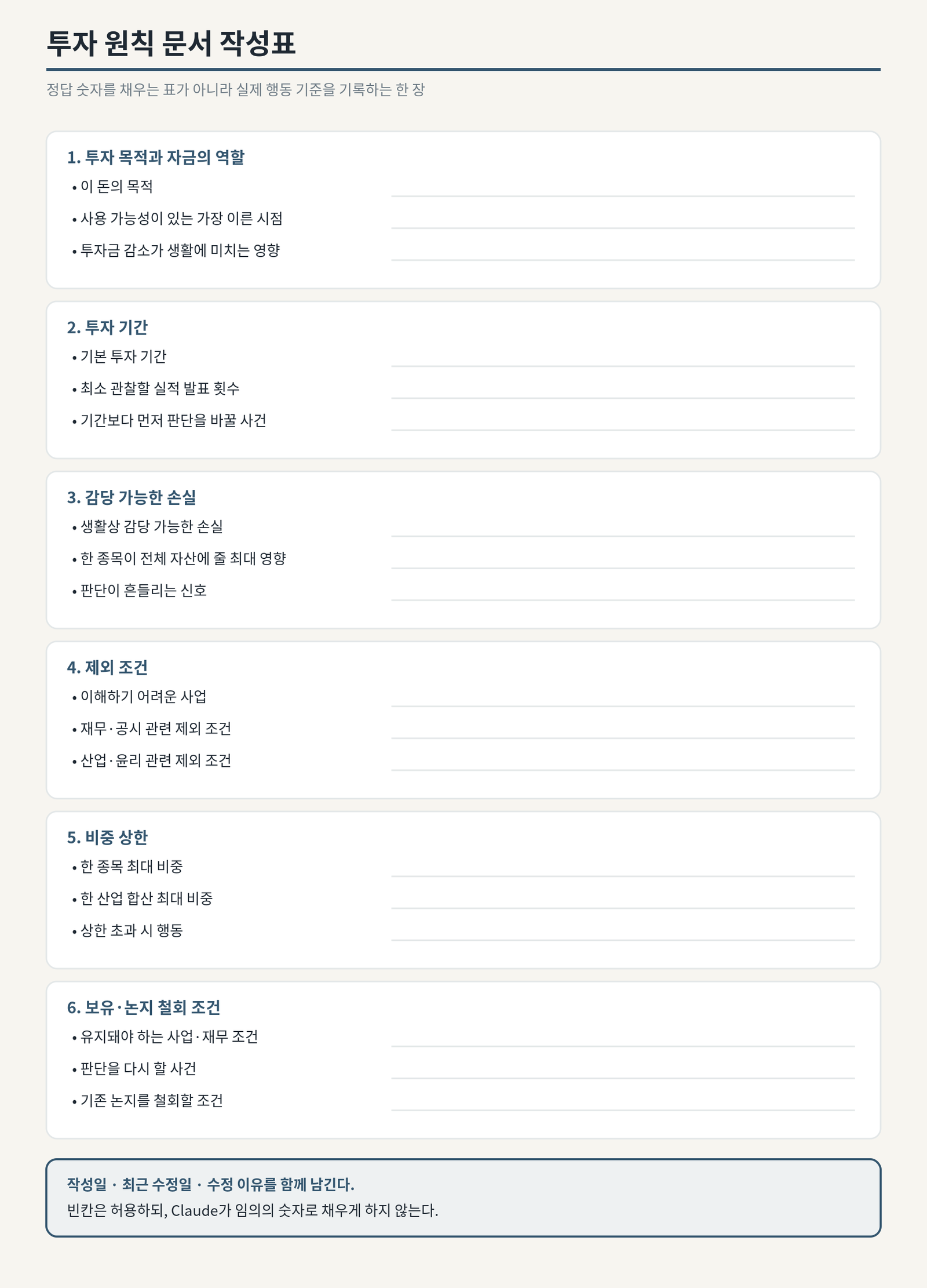 투자 목적과 자금 역할, 투자 기간, 감당 가능한 손실, 제외 조건, 비중 상한, 보유·논지 철회 조건을 기록하는 여섯 영역의 작성표