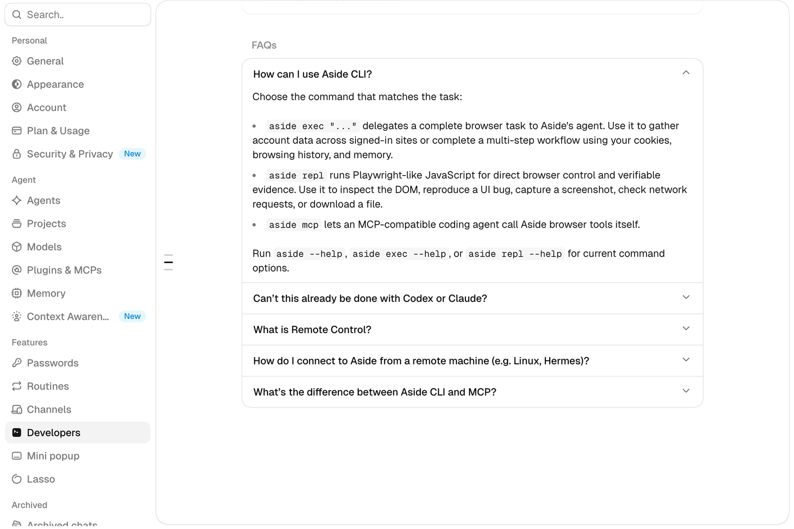 Developers 화면 아래쪽 FAQ에서 How can I use Aside CLI 항목을 펼친 모습. aside exec, aside repl, aside mcp 세 명령의 설명이 보인다