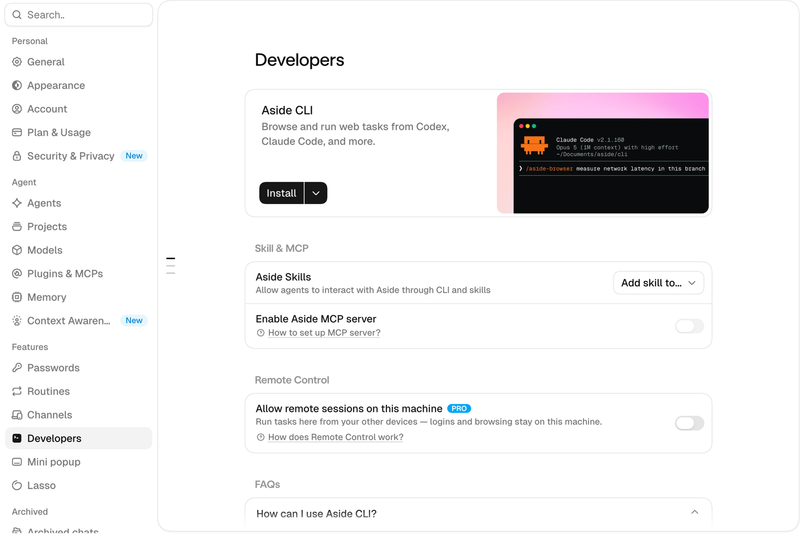 Aside 설정의 Developers 화면. Aside CLI 설명과 Install 버튼, Aside Skills와 MCP 서버 설정, Remote Control 항목이 보인다