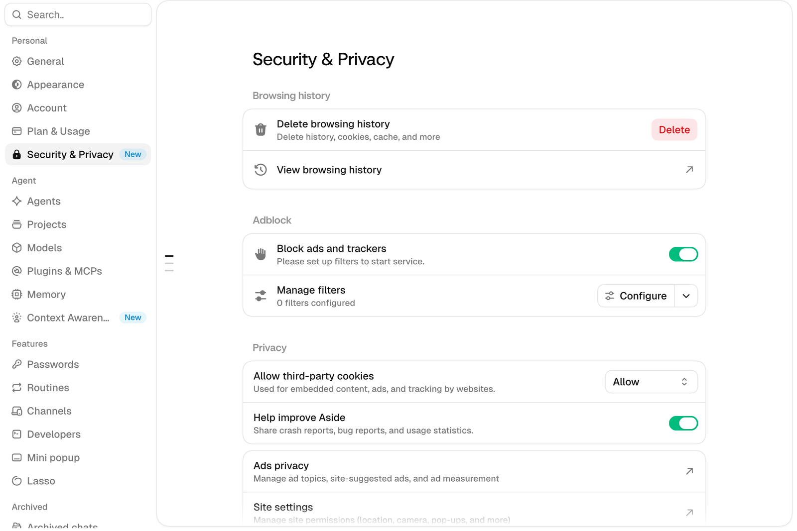 Aside 설정의 Security & Privacy 화면. 방문 기록 삭제, 광고 차단, 제3자 쿠키 허용, Aside 개선 도움, 사이트 설정 항목이 보인다