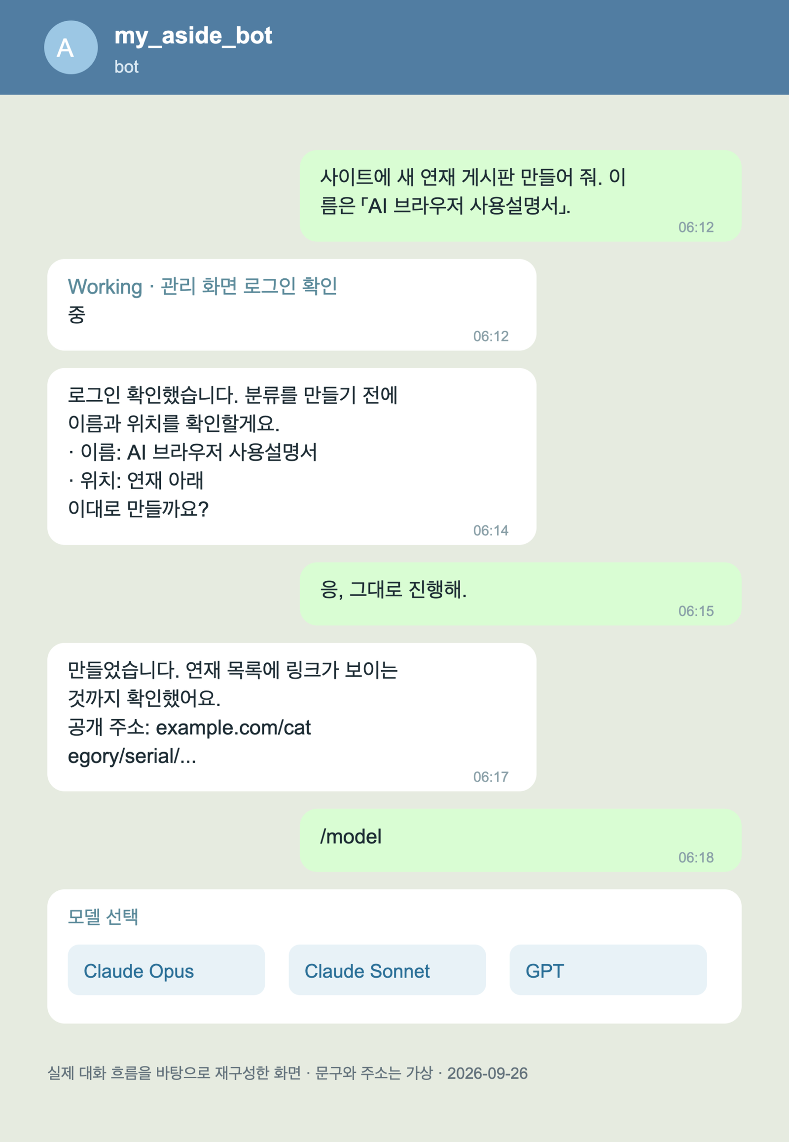 텔레그램에서 my_aside_bot에게 원고 초안 요청을 보내자 Working 말풍선이 뜨고, 이어서 초안 링크와 세 줄 요약이 돌아오고, 공개 전환을 승인하는 후속 메시지가 이어지는 대화 흐름