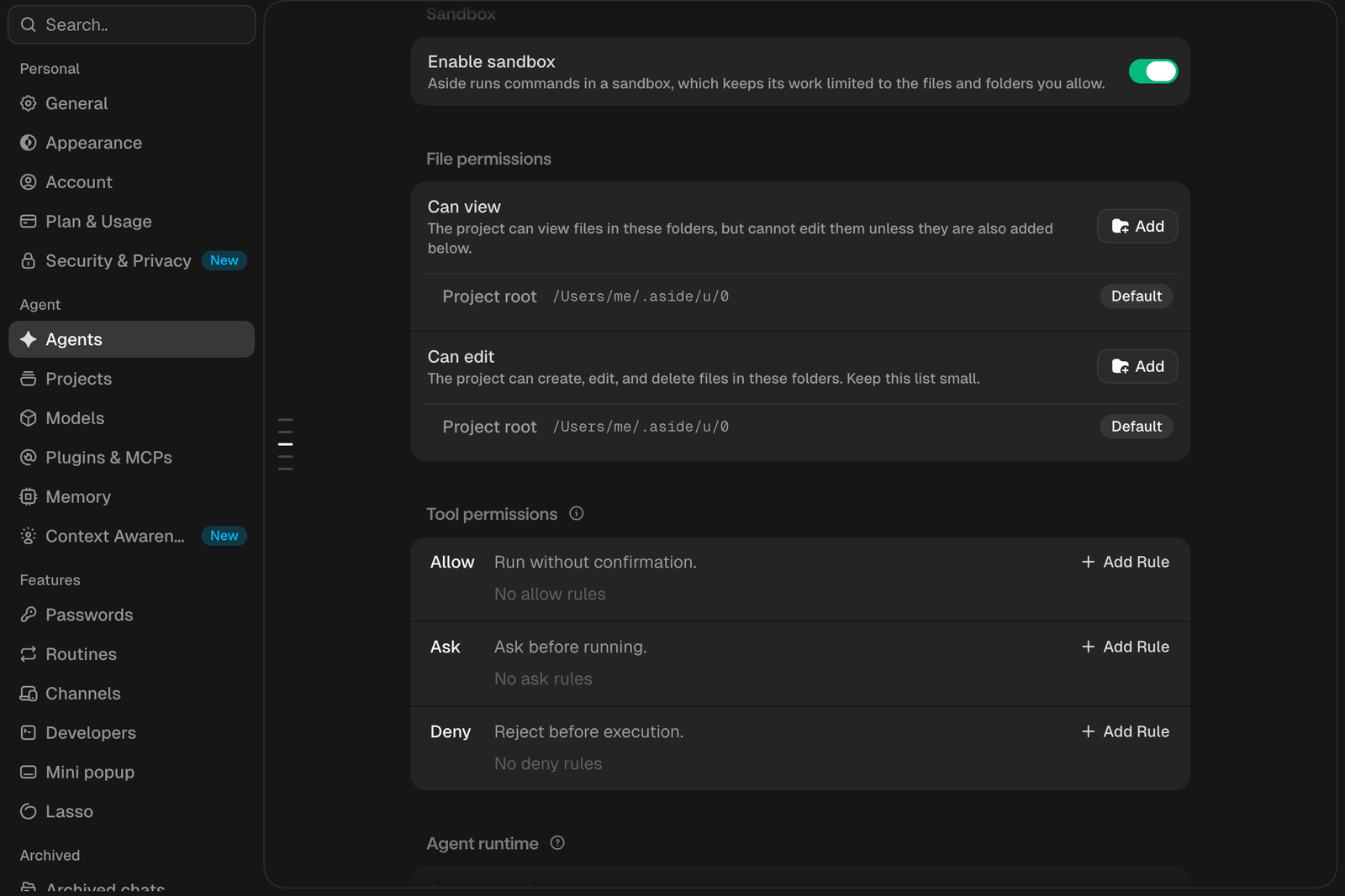 Agents 화면 아래쪽. Enable sandbox 스위치가 켜져 있고, File permissions의 Can view와 Can edit 목록에 프로젝트 폴더가 있으며, Tool permissions의 Allow, Ask, Deny가 모두 No rules로 비어 있다