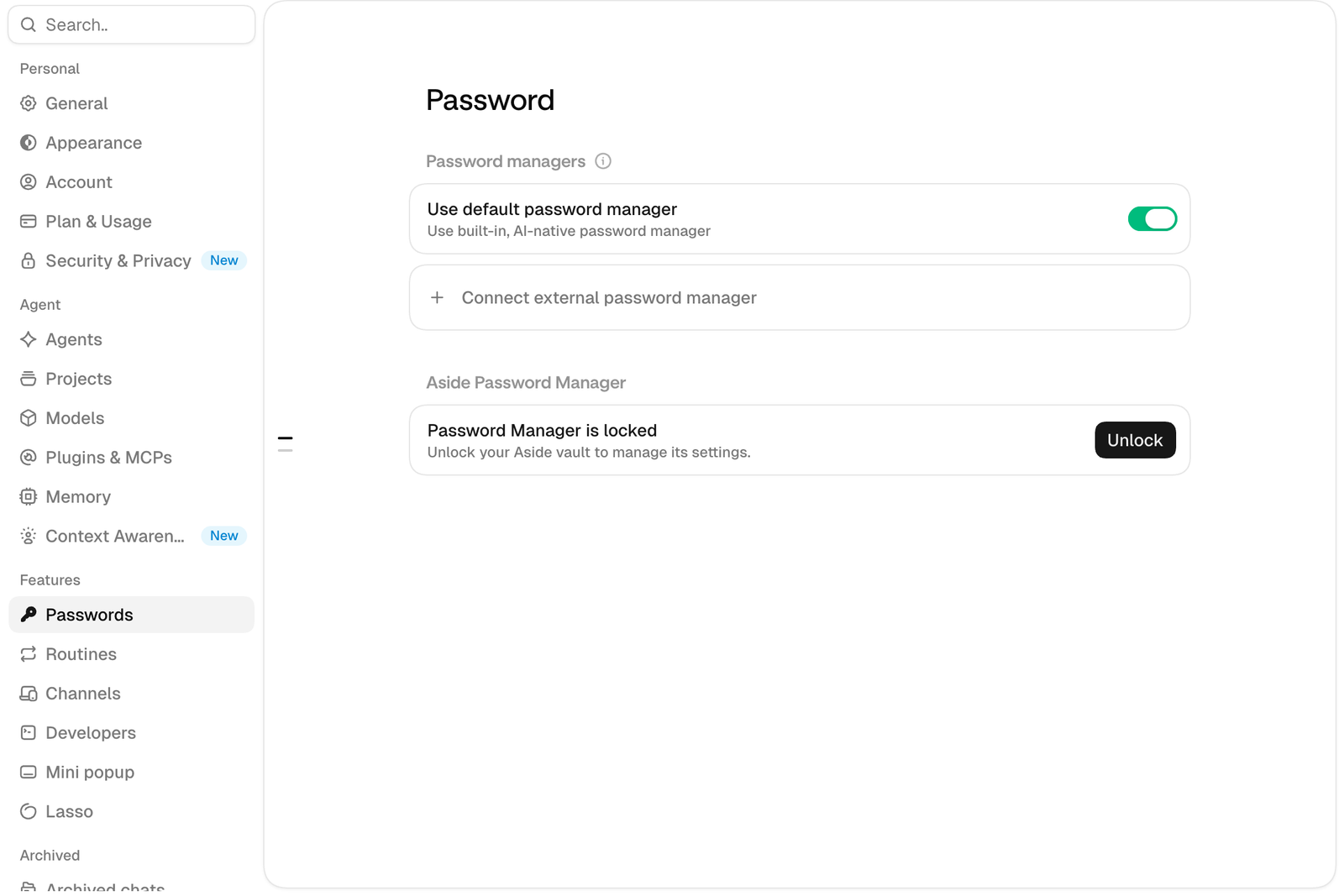 Aside 설정의 Password 화면. 기본 비밀번호 관리자 사용 스위치가 켜져 있고, Aside Password Manager 구역에 보관함이 잠겨 있다는 안내와 Unlock 버튼이 보인다
