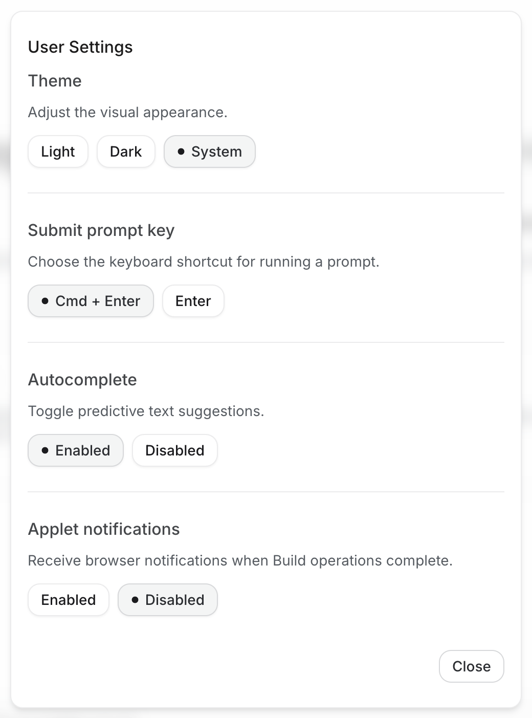 구글 AI 스튜디오 User Settings 화면. 테마, 프롬프트 실행 단축키, 자동완성, 알림을 바꿀 수 있다