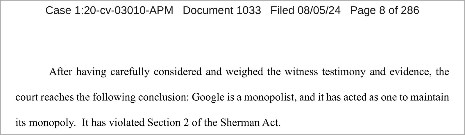 판결문 결론 첫 문단. Google is a monopolist라는 문장이 보인다
