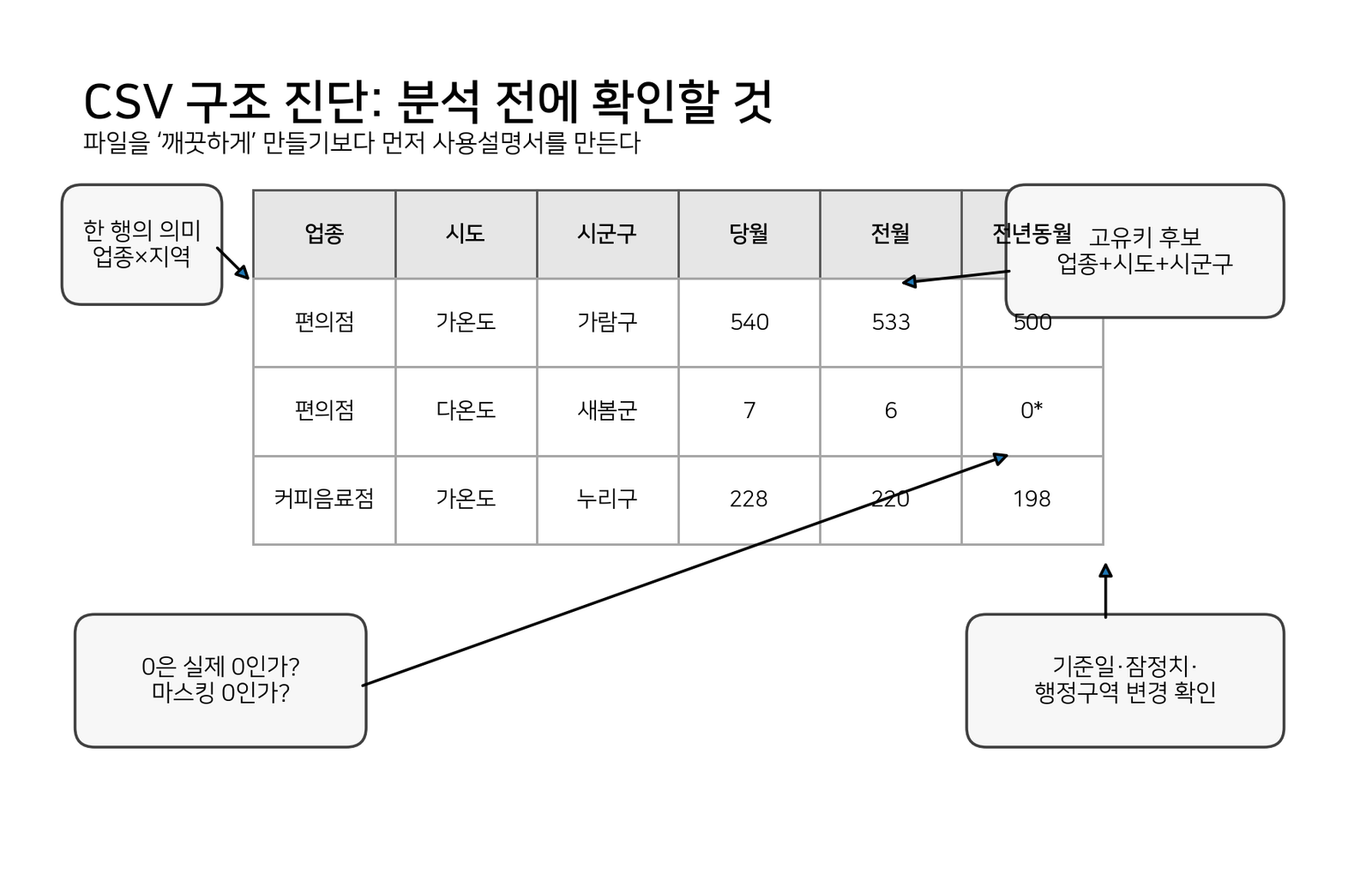 CSV에서 한 행의 의미와 고유키, 마스킹 0, 기준일을 확인하는 구조 진단