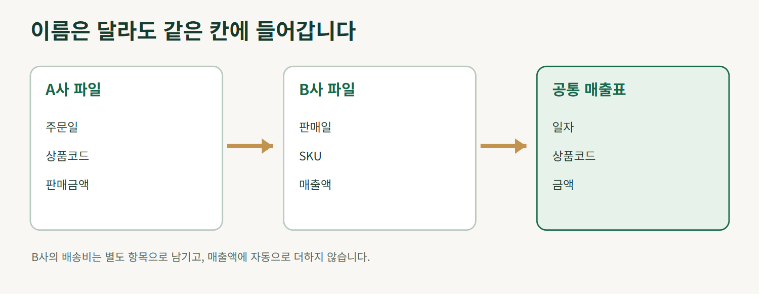 A사 파일의 주문일·상품코드·판매금액과 B사 파일의 판매일·SKU·매출액이 공통 매출표의 일자·상품코드·금액으로 모이는 개념도.