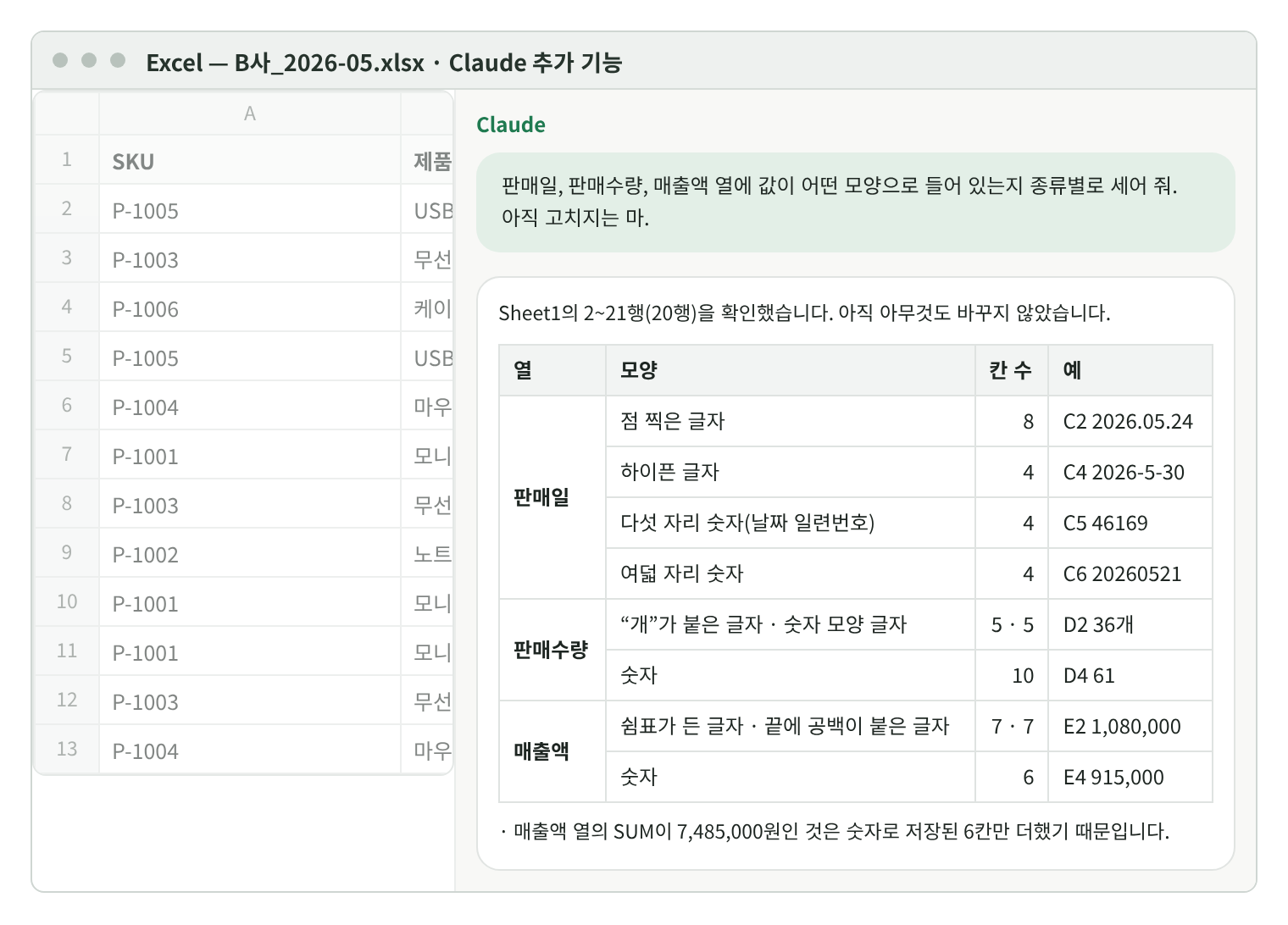 Excel 오른쪽 Claude 대화 창. 판매일은 점 찍은 글자 8, 하이픈 글자 4, 다섯 자리 숫자 4, 여덟 자리 숫자 4칸, 판매수량은 개가 붙은 글자 5와 숫자 모양 글자 5와 숫자 10칸, 매출액은 쉼표 글자 7과 공백 글자 7과 숫자 6칸이라고 셀 위치와 함께 답한다.