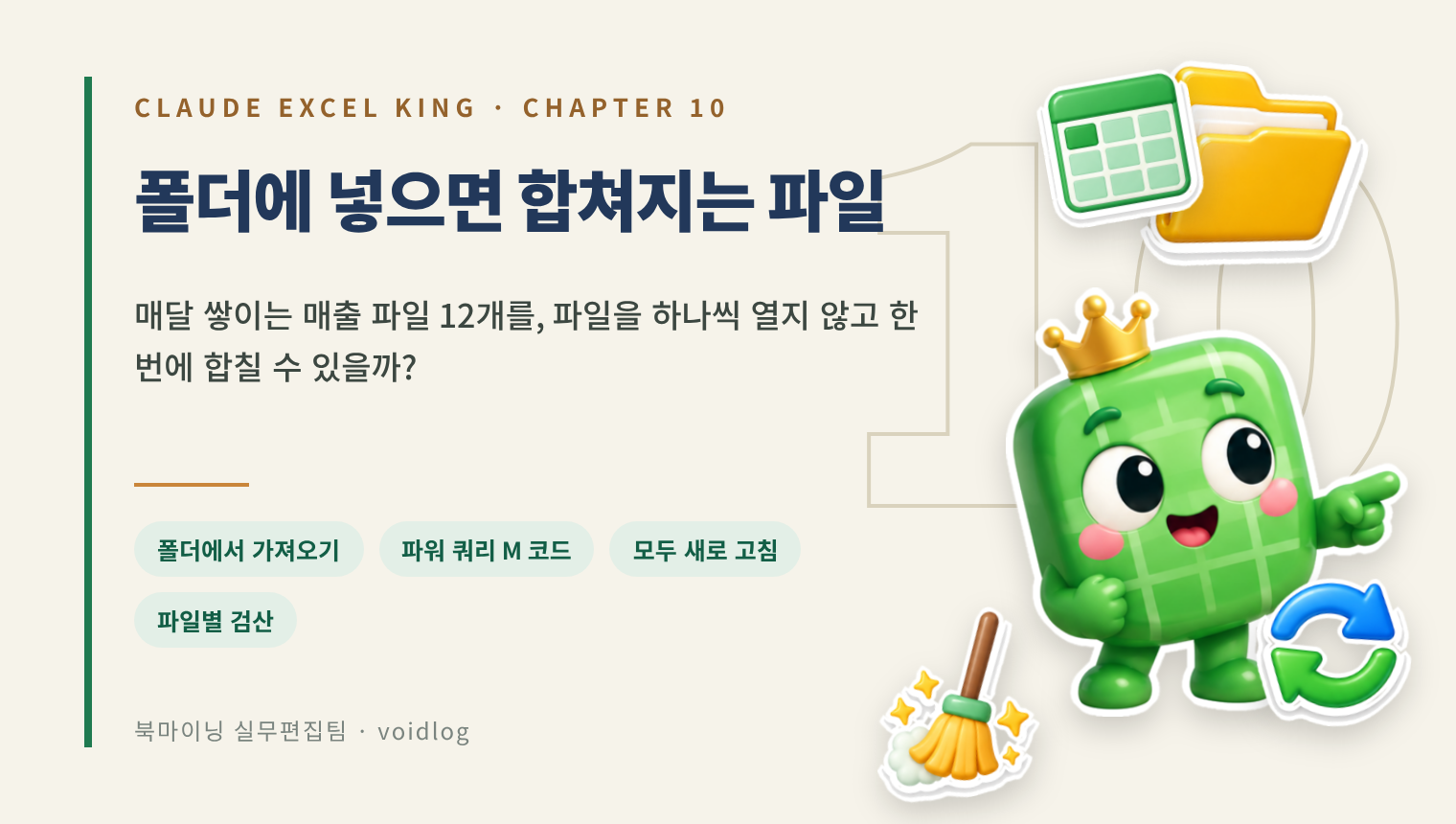 CHAPTER 10 폴더에 넣으면 합쳐지는 파일 — 매달 쌓이는 매출 파일 12개를, 파일을 하나씩 열지 않고 한 번에 합칠 수 있을까? 손가락으로 가리키는 엑셀왕 마스코트와 폴더·시트·새로 고침 화살표·빗자루 스티커.