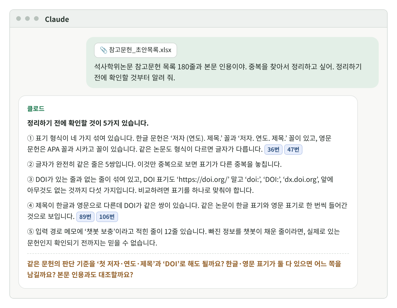 클로드 대화창 재현 화면. 참고문헌_초안목록.xlsx를 첨부하고 ‘석사학위논문 참고문헌 목록 180줄과 본문 인용이야. 중복을 찾아서 정리하고 싶어. 정리하기 전에 확인할 것부터 알려 줘.’라고 요청. 클로드의 답: ① 표기 형식이 네 가지 섞여 있음(36번·47번) ② 글자가 완전히 같은 줄은 5쌍 ③ DOI 표기가 다섯 가지 ④ 제목이 한글과 영문으로 다른데 DOI가 같은 쌍(89번·106번) ⑤ 입력 경로 메모에 ‘챗봇 보충’이 12줄. 끝에 같은 문헌의 판단 기준, 한글·영문 표기 중 남길 쪽, 본문 인용 대조 여부를 묻는 질문.
