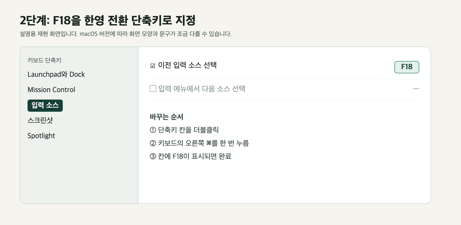 키보드 단축키의 입력 소스에서 이전 입력 소스 선택에 F18을 지정하는 모습을 다시 그린 설명용 화면